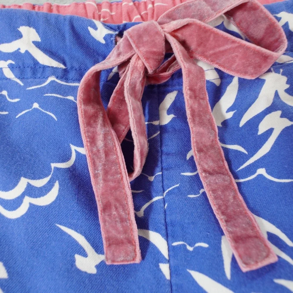Boden Cotton Pajama Pants Womens 16 Blue Seagull Velvet Drawstring Comfy Pockets